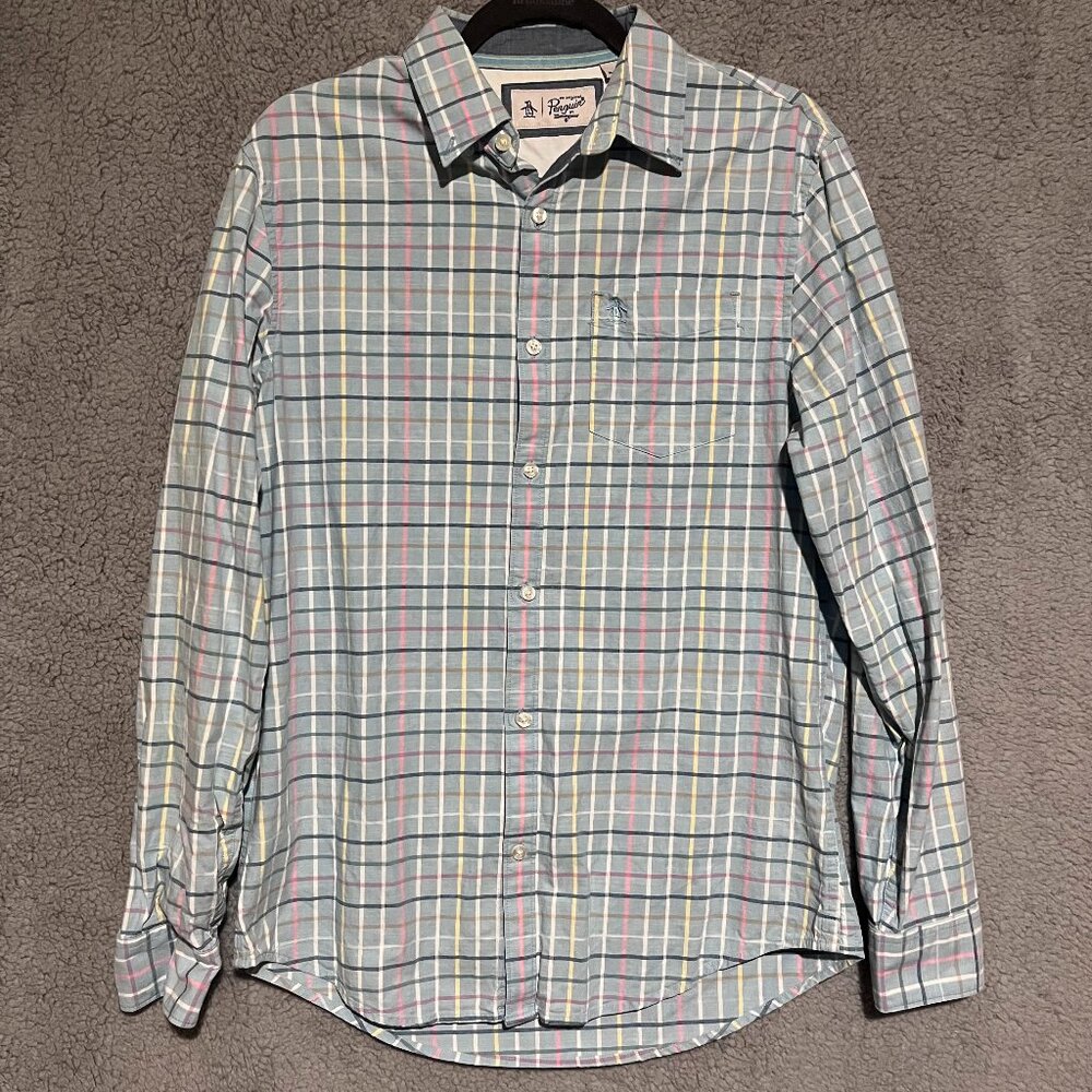 Original Penguin Men's Blue Pink Button Up Plaid Shirt Size Medium